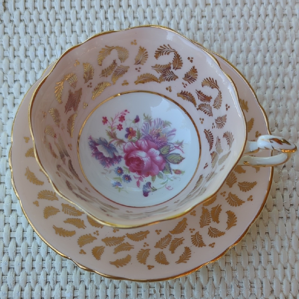 Paragon Pink Floral Tea Cup With With Gold Leaf Fern Surround.